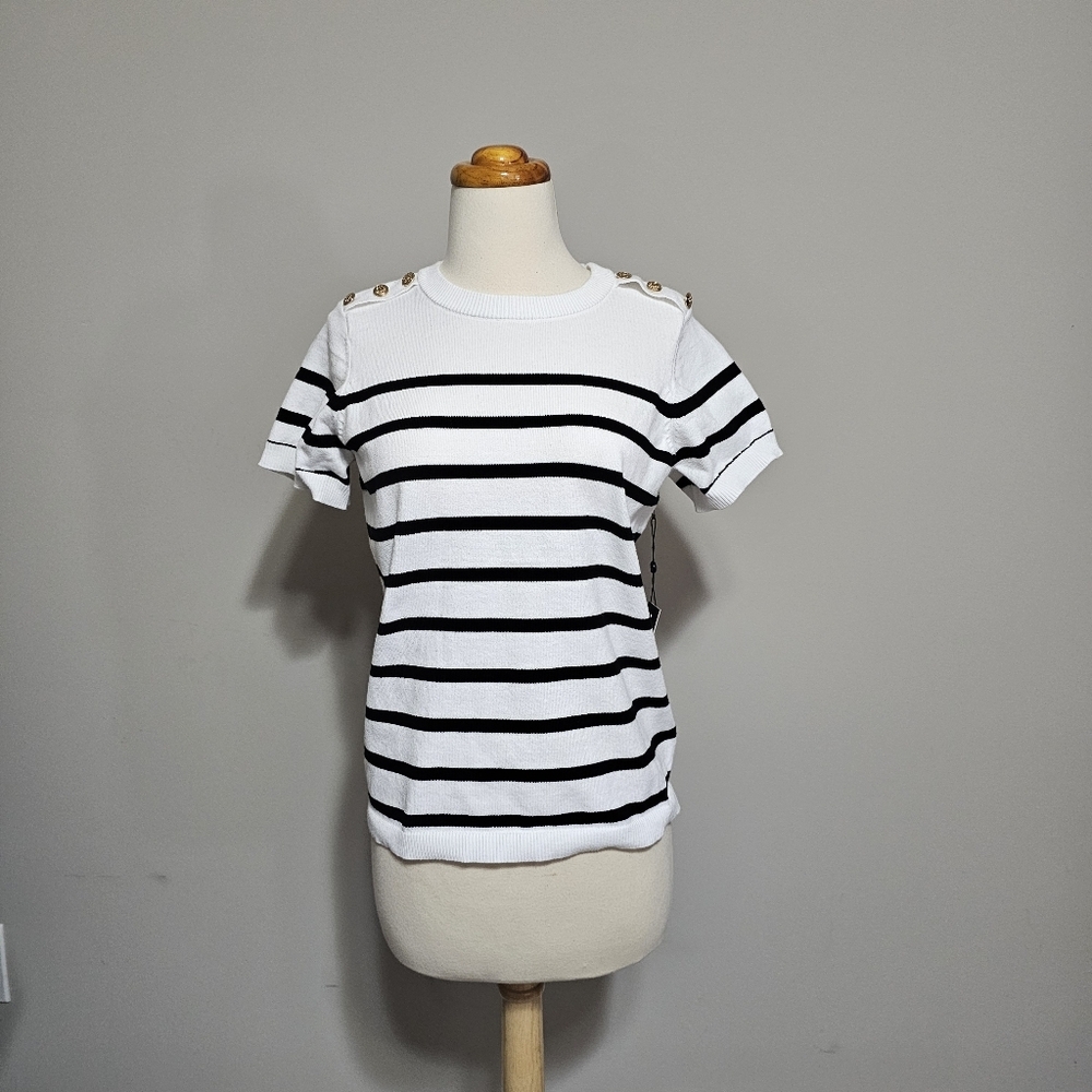 Emerson Lang Striped Knit Short Sleeve Top Gold Shoulder Buttons Large